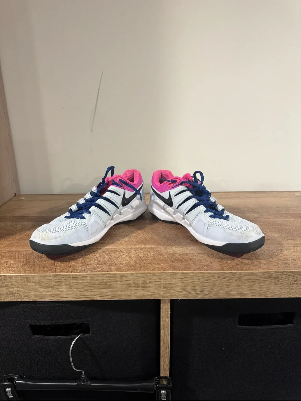 Nike Women's White Sneakers with Pink Lining and Navy Laces